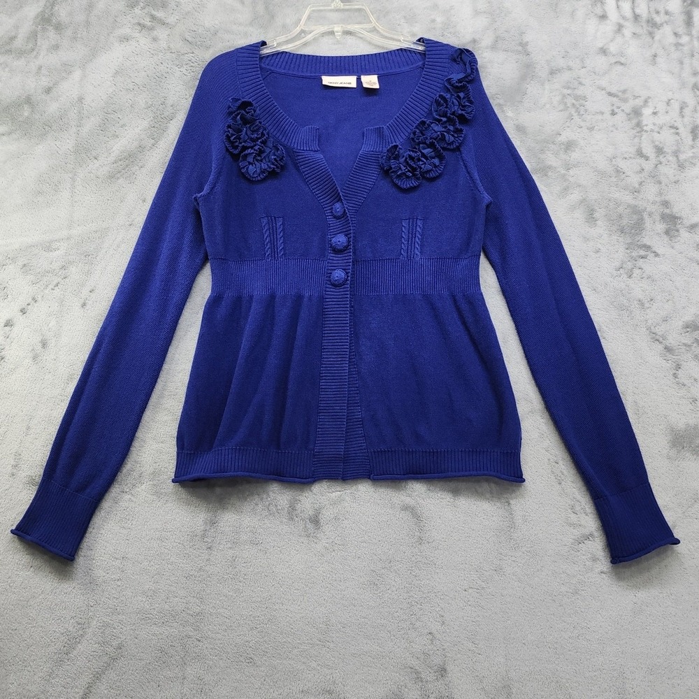 DKNY Sweater Womens M Blue 3 Button Cardigan Embellished Detail Cotton‎ Preppy
